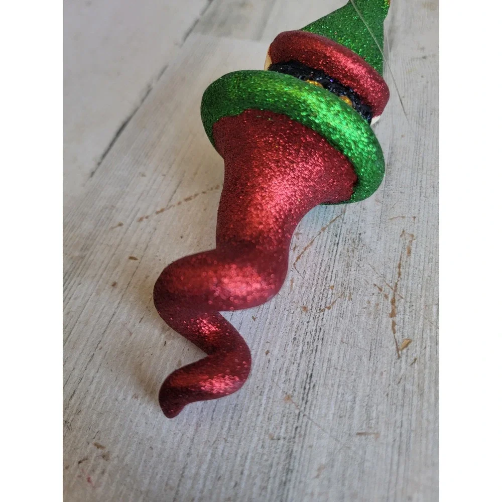 Vintage dept 56 glitter elf Santa helper twist abstract ornament Xmas cork